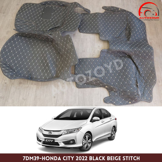 Honda City 2022 7D Floor Mats Black Beige Stitch